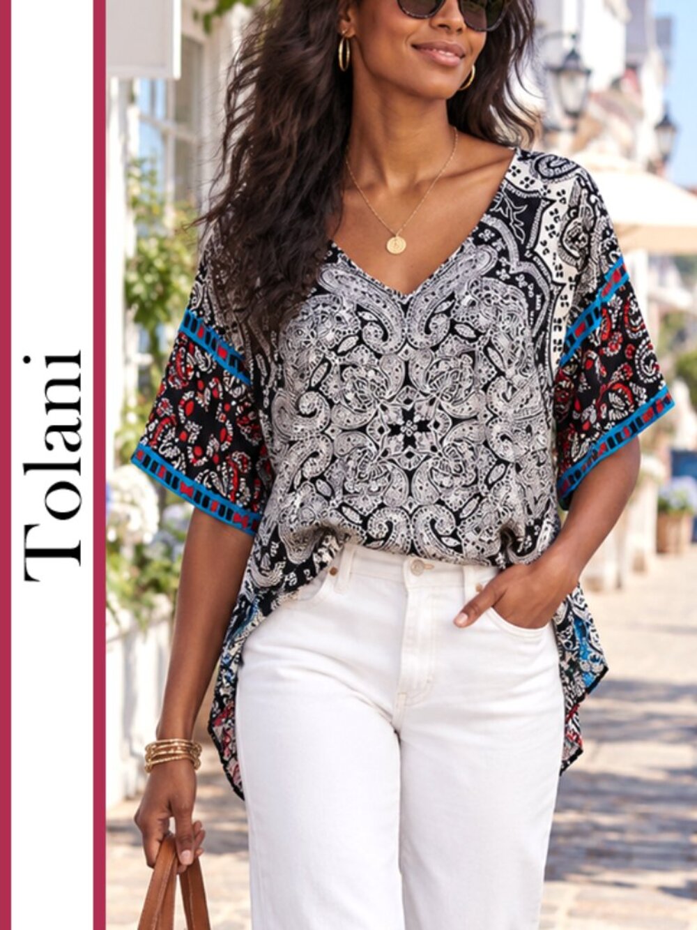 Tolani | 'Briyanna' Multi-Printed Silk V Neck Top